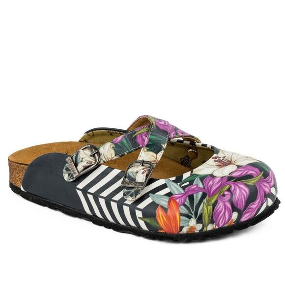 Calcio size 38 EU / 7.5 US Black & Pink Floral Stripe Clogs EUC - Picture 1 of 16